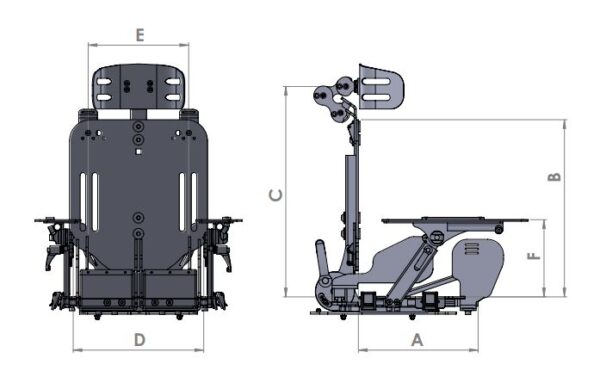Rysunek techniczny fotela/mechanizmu siedziska w widoku z przodu i z boku, z regulowanym oparciem i podparciem głowy, podłokietnikami, podstawą montażową oraz wymiarami oznaczonymi literami A, B, C, D, E i F.