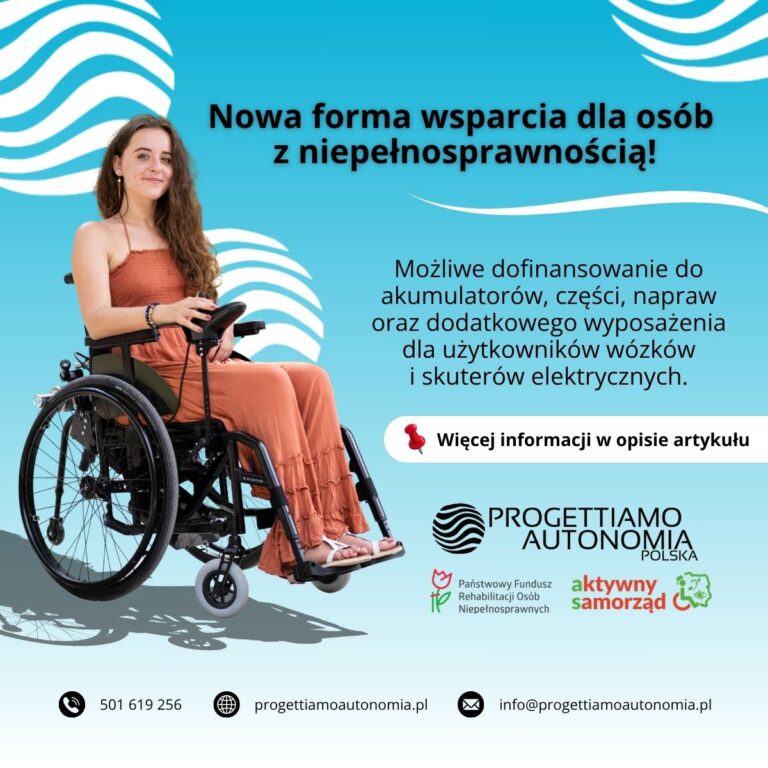 Kobieta w wózku na tle grafiki o wsparciu dla osób niepełnosprawnych