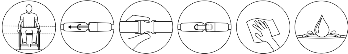 Sześć ikon instruktażowych: osoba siedząca z liniami wskazującymi pozycję pasa, wsuwanie elementu zamka pasa, zatrzaskiwanie zamka dłonią, zapięty zamek z wskaźnikiem, przecieranie ściereczką oraz kropla wody na powierzchni symbolizująca czyszczenie/odkażanie.