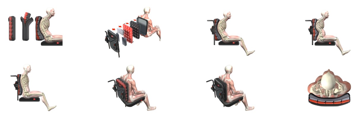 Seria ilustracji pokazująca modułowe oparcie pleców — rozłożone panele z czerwonymi wkładkami i mechanizmem montażowym oraz anatomiczny model (szkielet i mięśnie) siedzący na siedzisku w różnych ujęciach (bok, tył, trzy‑czwarte i widok z góry), ilustrujące dopasowanie oparcia do kręgosłupa i karku.