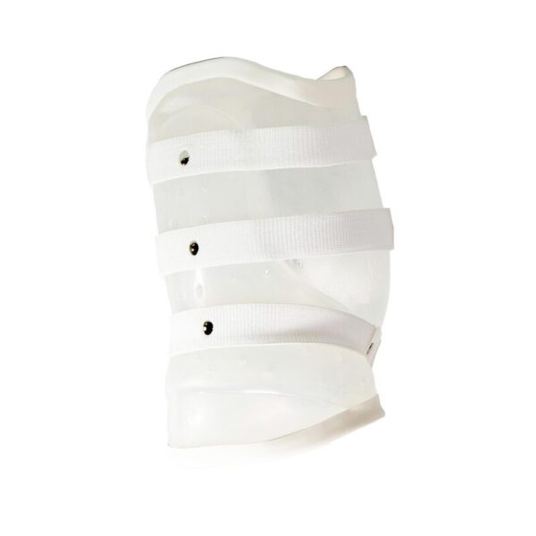 Przezroczysto‑biały, sztywny gorset ortopedyczny do tułowia z trzema poziomymi białymi pasami zapinanymi na zatrzaski.