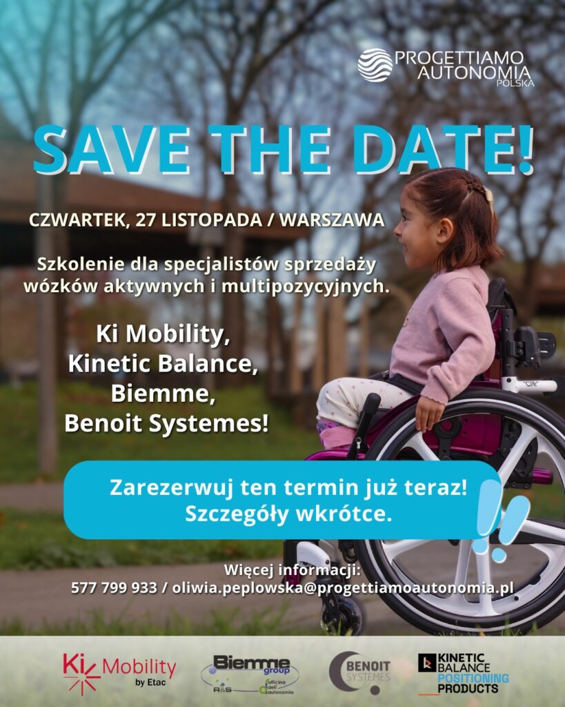 Plakat „Save the date” zapowiadający szkolenie 27 listopada w Warszawie; na pierwszym planie uśmiechnięta dziewczynka w różowo‑fioletowym wózku inwalidzkim na tle rozmytego parku, duży nagłówek, lista wystawców i logo organizatora.