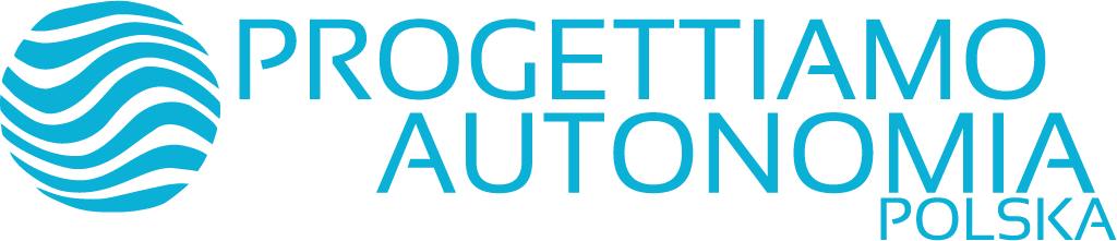 Turkusowy okrąg z falami obok napisu PROGETTIAMO AUTONOMIA oraz mniejszego POLSKA.