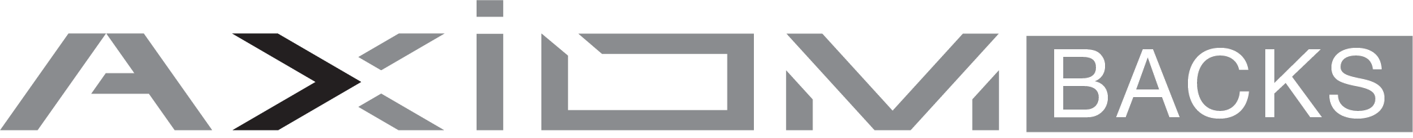 Logo AXIOM BACKS: stylizowane szare i czarne litery AXIOM oraz biały napis BACKS na szarym prostokącie.