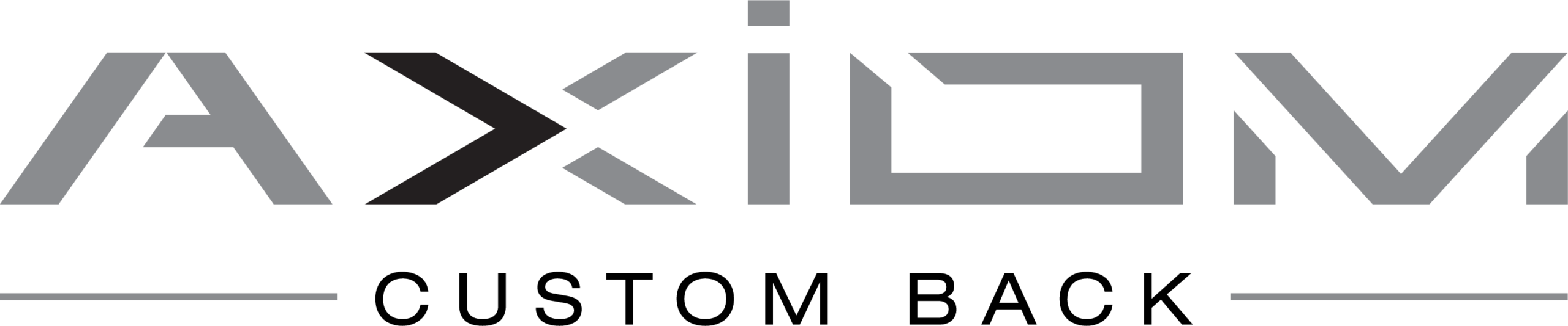 Stylizowane geometryczne logo AXIOM w szaro-czarnej kolorystyce z cienkimi poziomymi liniami poniżej.
