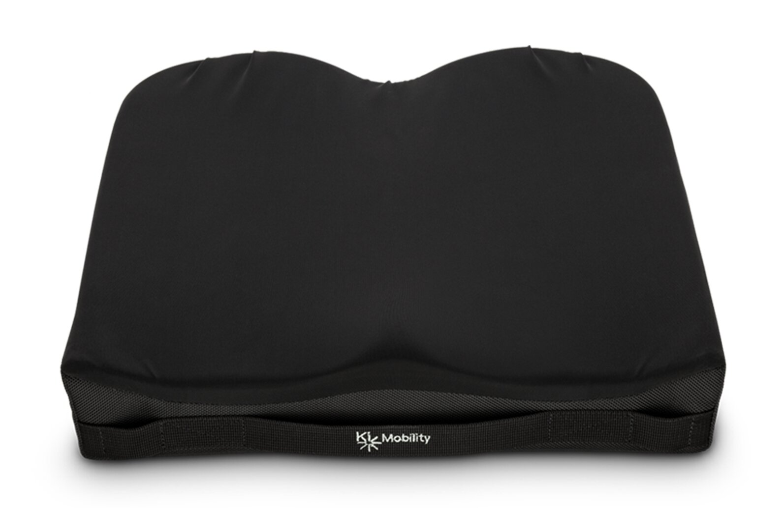 Czarna profilowana poduszka siedzeniowa z uchwytem i małym logo Mobility, wykonana z tkaniny odpornej na ścieranie.