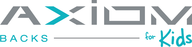 Logo AXIOM w szaro-turkusowej stylistyce z napisem BACKS, poziomą linią i odręcznym dopiskiem for Kids.