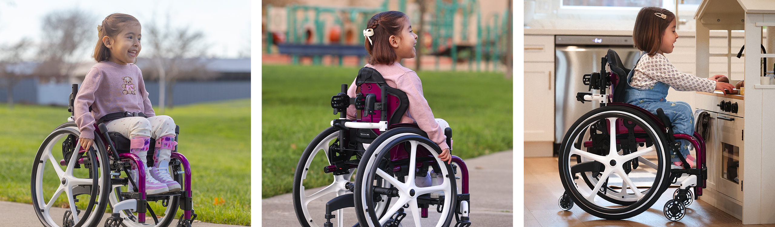 Uśmiechnięta dziewczynka siedzi w fioletowym wózku inwalidzkim, bawiąc się na zewnątrz i przy zabawkowej kuchni.