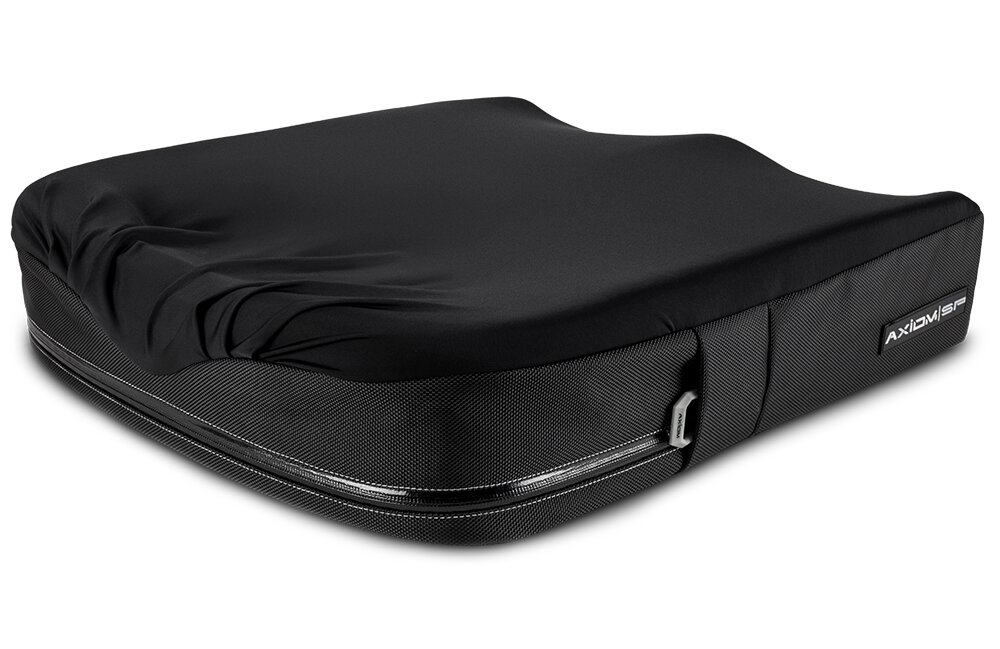 Anatomiczna czarna poduszka siedzeniowa z profilowaną górą, teksturowanymi bokami, uchwytem i zamkiem błyskawicznym