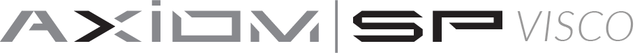 Stylizowane logo tekstowe AXIOM | SP VISCO z pionową kreską dzielącą napisy i kontrastowymi odcieniami szarości
