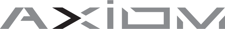 Stylizowany napis AXIOM w geometrycznym, kanciastym kroju, litery w odcieniach szarości i czerni