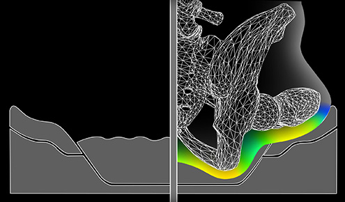 Przekrojowy obraz siatkowej miednicy wciskającej się w profilowaną poduszkę z zielono-żółtą mapą nacisku w miejscu kontaktu.