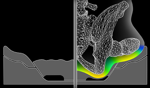 Przekrojowa ilustracja osoby leżącej na materacu z kolorową mapą nacisku (niebieski–żółty) w miejscu kontaktu