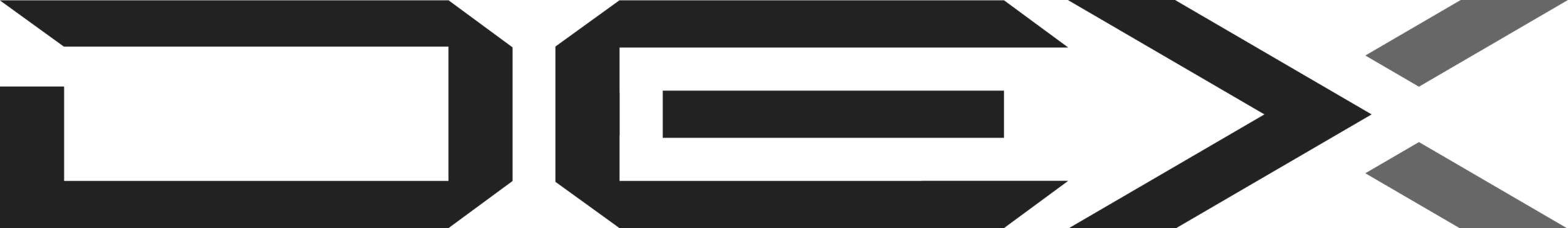 Stylizowany geometryczny czarny logotyp przedstawiający litery D E X z szarym ukośnym elementem przy literze X.