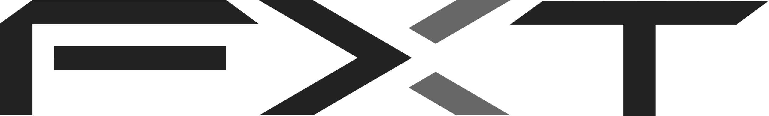 Stylizowany napis EXT z czarnych i szarych geometrycznych kształtów na białym tle.