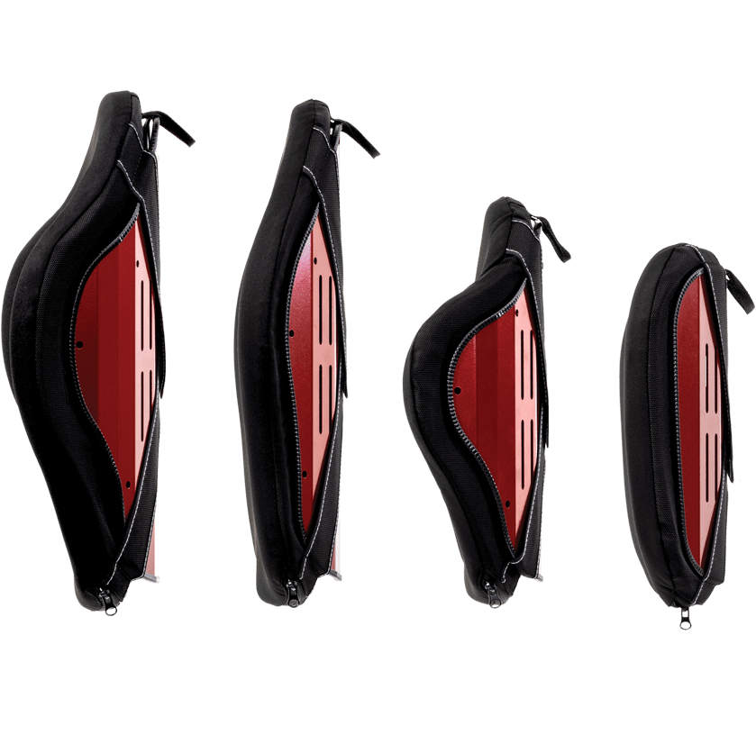 Cztery boczne widoki czarnego etui z czerwoną twardą wkładką i zamkiem błyskawicznym.