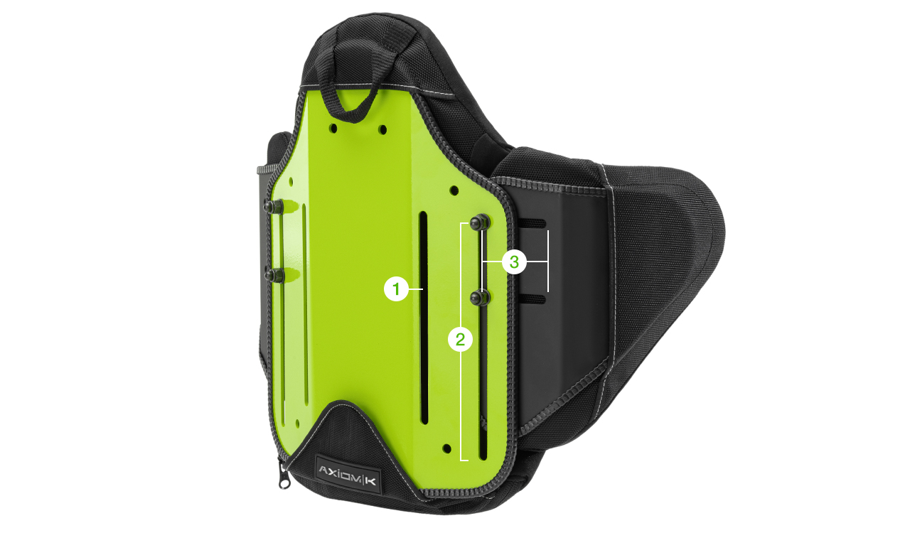 Jasnozielona płyta tylna z pionowymi szczelinami i trzema oznaczonymi punktami montażowymi w czarnym pokrowcu.