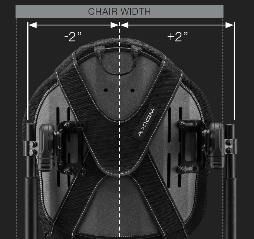 Tylne oparcie siedziska z pasami i mocowaniami, pionowa linia środkowa oraz strzałki pokazujące szerokość fotela i przesunięcia -2"/+2".