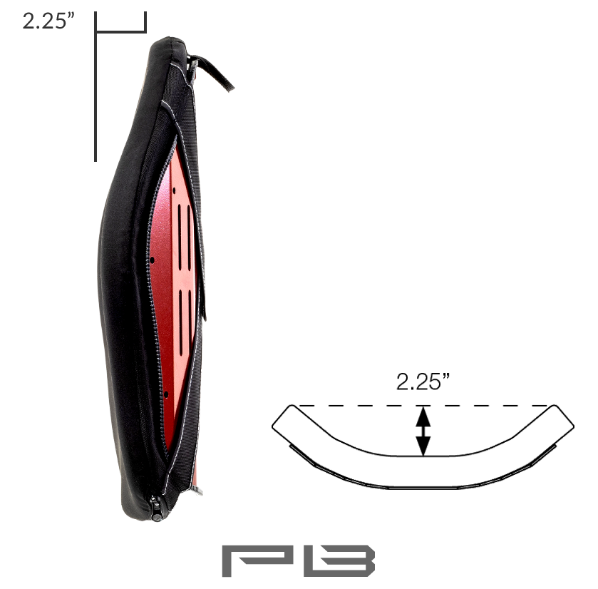 Wąskie czarne etui z suwakiem odsłaniające czerwoną, wygiętą wkładkę z otworami i oznaczeniem grubości 2,25 cala.
