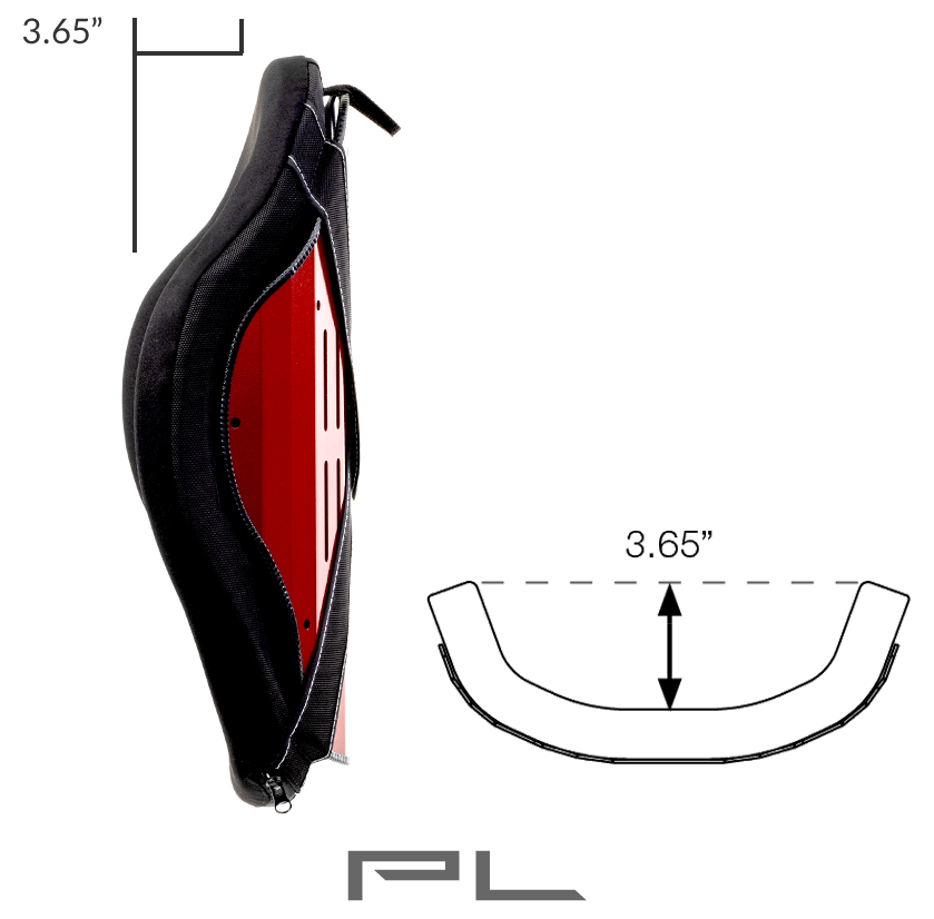 Czarna wyściełana osłona z czerwonym metalowym wkładem i suwakiem, obok schemat kształtu, wymiar 3,65 cala i logo PL.