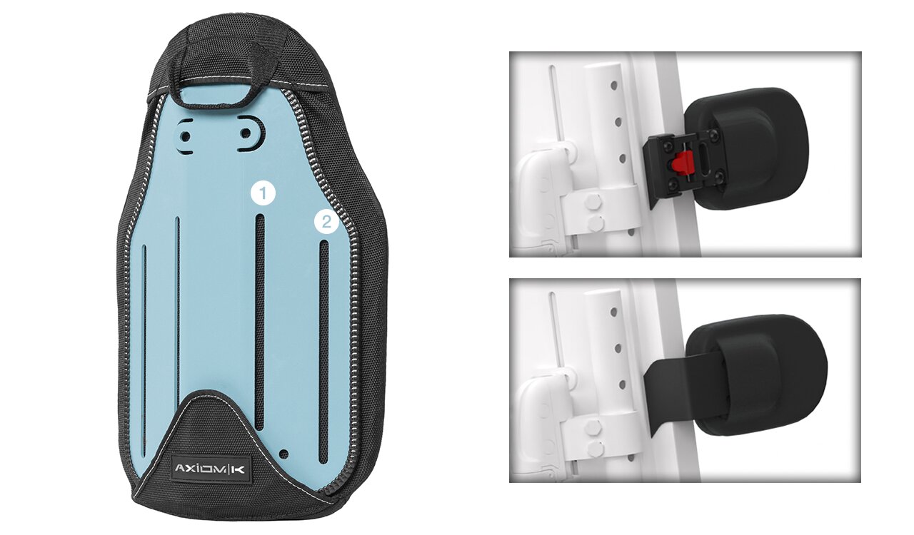 Błękitny wkład ochronny obszyty czarnym materiałem z logo Axiomik oraz po prawej dwa zdjęcia pokazujące czarny zatrzask montażowy z czerwonym przyciskiem na białej ramie.