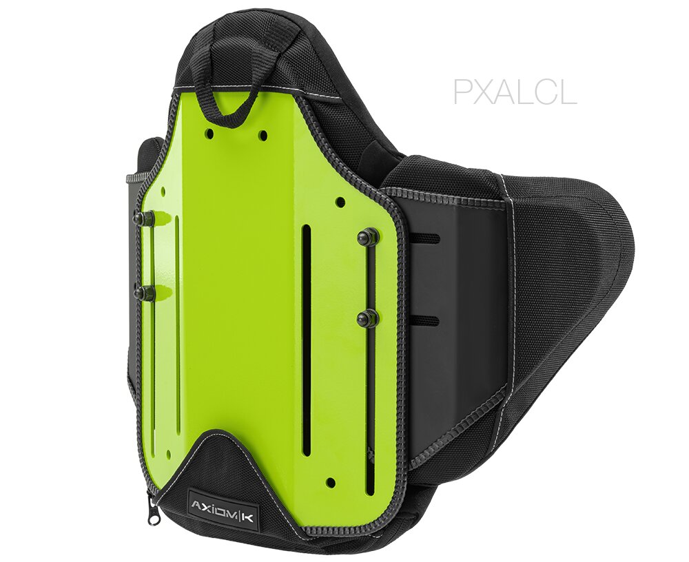 Jasnozielona metalowa płyta montażowa z czarną wyściełaną uprzężą, podłużnymi nacięciami i widocznymi śrubami.