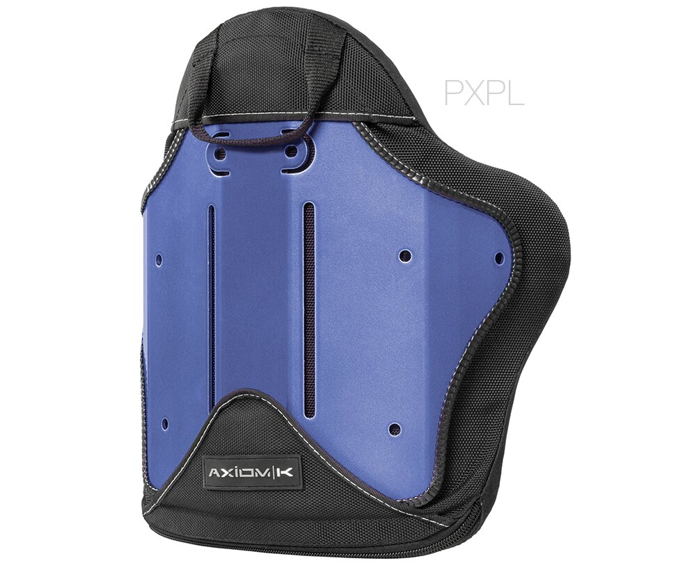 Ochronny ochraniacz pleców z niebieską twardą płytą i czarnym obszyciem, z naszywką AXIOMK.