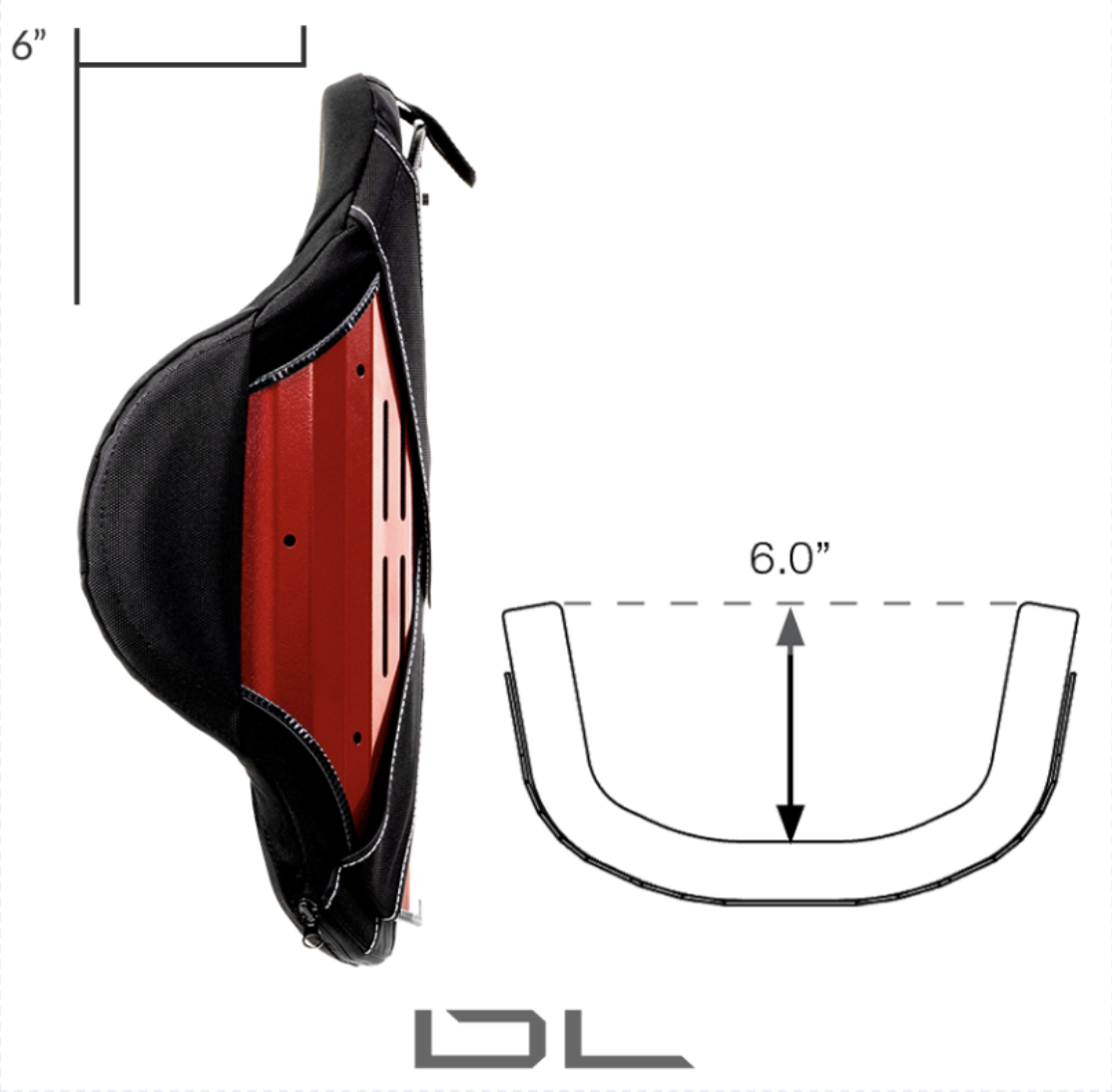 Profilowane czarne oparcie z widocznym czerwonym metalowym stelażem i rysunkiem schematycznym wskazującym głębokość 6 cali.
