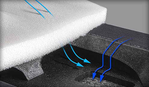 Biała porowata pianka nad czarną strukturą z niebieskimi strzałkami ilustrującymi przepływ powietrza przez kanały