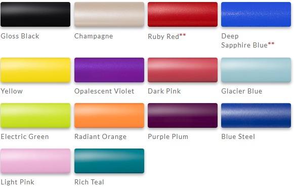 Rzędowa paleta prostokątnych próbek kolorów z czytelnymi etykietami, m.in. Gloss Black, Champagne, Ruby Red, Deep Sapphire Blue, Yellow i Rich Teal.