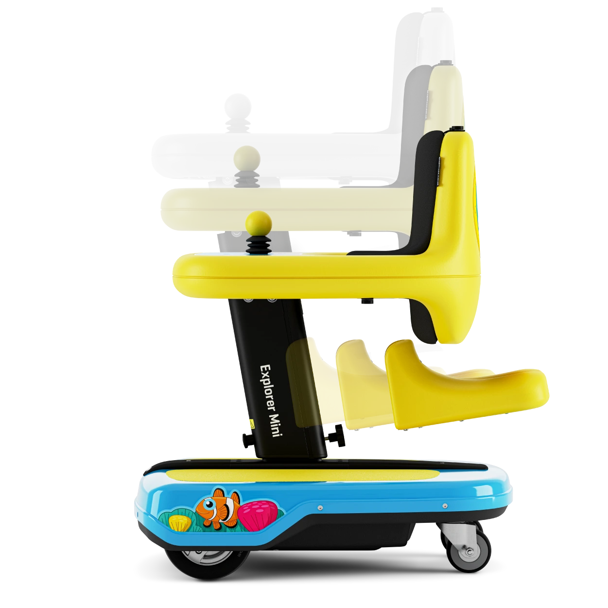 Trzy poziomy krzesełka dziecięcego Explorer Mini w żółto-szarych odcieniach na mobilnej podstawie z rysunkiem rybki.
